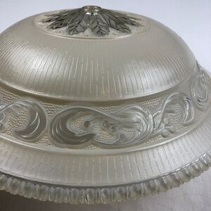 Vtg 12-1/2" Dia Heavy Glass Ceiling Fixture Shade Beige W/Clear Glass Highlights